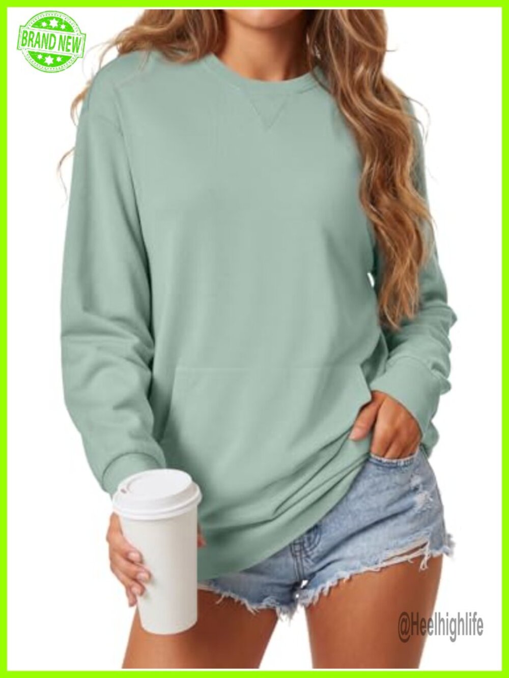 Women's Crewneck Sweatshirt Pullover Kangaroo Pocket Long Sleeve Casual